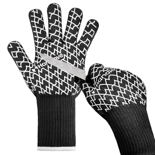 HandLove Aramid Heat Resistant BBQ Gloves – Grilling & Oven Gloves with Fingers, Silicone Grip & Long Cuffs for Cooking, Baking, and Outdoor Barbecue – Black,L