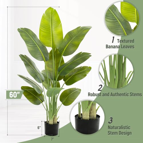 Image of Lifelike Bird of Paradise Artificial Plant,5ft Faux Banana Leaf Tree with 12 Trunks - Perfect Indoor Silk Floor Plant for Home Decor in Living Room, Office, and Bedroom 1Pack