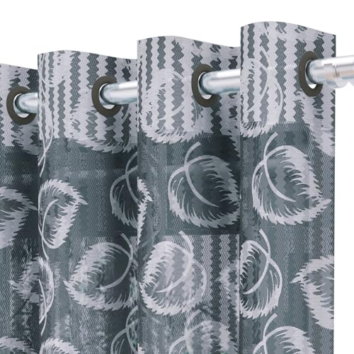 Image of Window Curtains 5 Feet Long Set of 1 | Leaf Design | Polyester | Light Filtering Curtains | Curtains for Living Room | 118 x 152 cm, Grey Color | Perfect for Home Decor