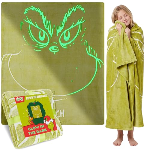 Get Trend Der Grinch Kuscheldecke Leuchtend 130x150 cm Flauschige Decke aus Fleece Leuchtet im Dunkeln Geschenke für Kinder & Erwachsene (Grün Grinch)