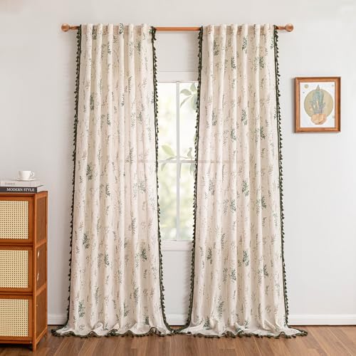 Image of MYSKY HOME Linen Boho Floral Curtains 96 inch Long 2 Panels Green Tassels Leaf Printed Rustic Country Light Filtering Semi Sheer Curtains for Living Room Bedroom, 52 inch Wide Each Panel