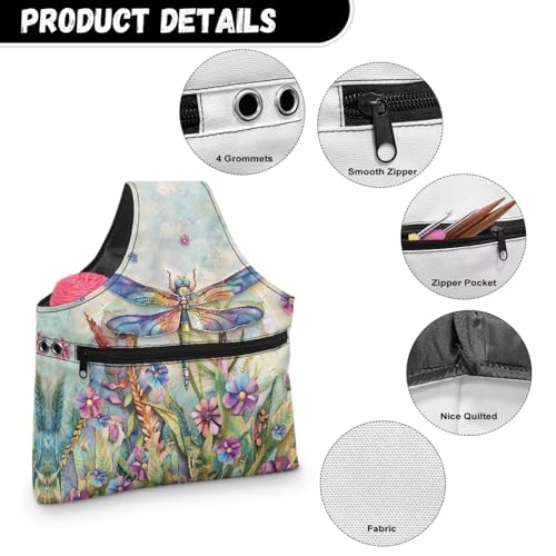 Image of KUIFORTI Dragonfly Crochet Bag Large Yarn Bags for Crocheting on The Go, Flower Crochet Hook Organizer Knitting Bags Canvas Crochet Bags and Totes