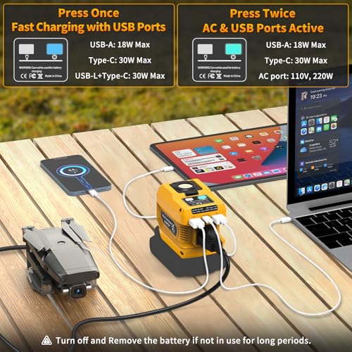 Image of Kzreect 220W Power Inverter Compatible with Dewalt 20V Battery, Tool Only | 110V AC Outlet, 30W USB-C PD, Dual 18W USB-A, 400LM LED Light, Compact Power for Camping, Jobsite & Emergency Backup