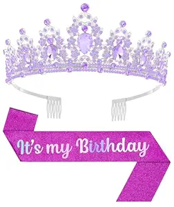 Birthday Tiara and Crown with Sash, Birthday Tiara for Women Party (Purple)
