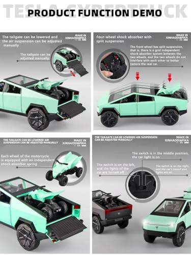 Image of Toy Trucks for Boys Cybertruck Model Silver Pickup Truck 1 /24 Diecast Metal Toy Cars with Sound and Light for Kids Age 3 Year and Up-Green