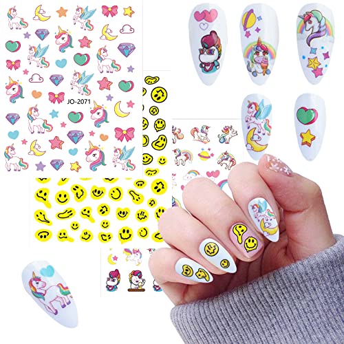 Unicorns Nail Art Stickers Cute Children Cartoon Nail Design 3D Self-Adhesive Nail Sticker Decals Nail Art Stickers For Nail Art Nail Decals Diy Decoration (10 Sheets) #TOP1
