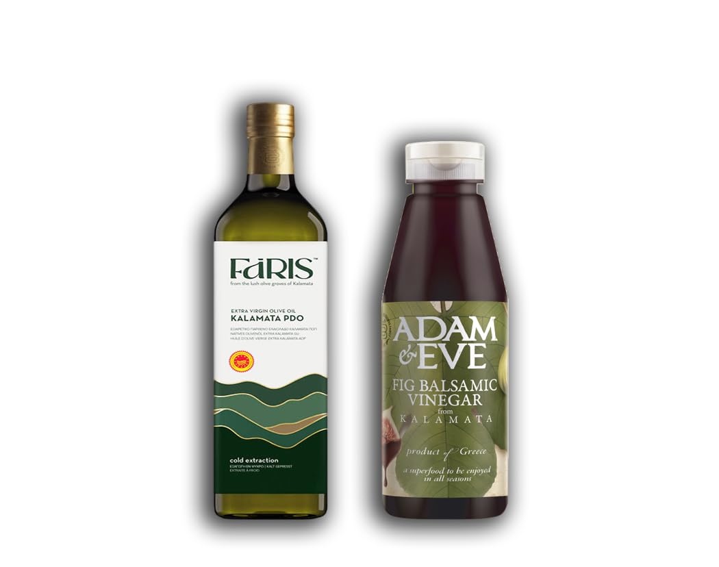 Set premium grec pour salade – Huile d’olive extra vierge de Kalamata AOP & Vinaigre balsamique à la figue – 2 x 250ml – Faris & Adam&Eve – Duo gourmet pour salades, vinaigrettes et marinades.