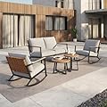 Grand patio Outdoor Rocking Chairs, 5-Piece Leather-Look Patio Bistro Set Outdoor Furniture Conversation Sets with Loveseat, 2 Rocking Chairs and 2 Faux Wood Grain Coffee Table, 4.75'' Grey Cushions
