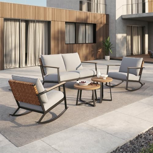 Grand patio Outdoor Rocking Chairs, 5-Piece Leather-Look Patio Bistro Set Outdoor Furniture Conversation Sets with Loveseat, 2 Rocking Chairs and 2 Faux Wood Grain Coffee Table, 4.75'' Grey Cushions