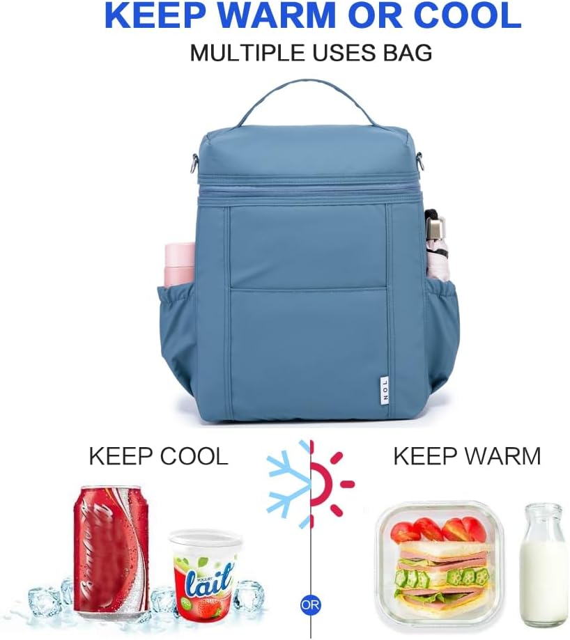 NOL Natural Organic Lifestyle Insulated Lunch Bags for Women Cooler Bag Lightweight Nylon Waterproof Lunch Box For Work (Dusty blue, Large) - Image 2