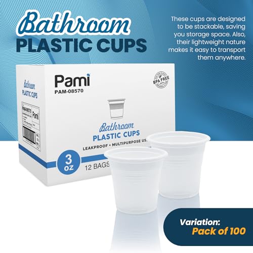 PAMI Plastic Bathroom Cups, 3oz [Pack of 100]- Disposable Mini Mouthwash Cups- Food-Safe & BPA-Free Rinse Cups- Multipurpose & Leakproof Stackable Bath Cups- Great for Medicine, Espresso, Shots - Thumbnail 2