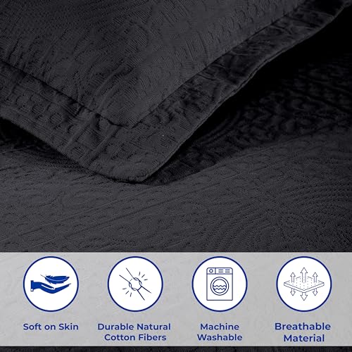 Superior Cotton Fleur De Lis Bedspread Set, Warm Blankets, All-Season Bedding, Bedroom Decor, Decorative Boho Medallion Coverlet, Includes 1 Bedspread, 1 Pillow Sham, Twin, Black