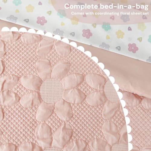Image of Full Size Comforter Sets for Girls - 7 Pieces Pink Dasiy Bed in a Bag | Jacquard Floral Full Bedding Set, Soft Lightweight Cute Comforter with Printed Sheets, Pillowcases & Shams for All Seasons