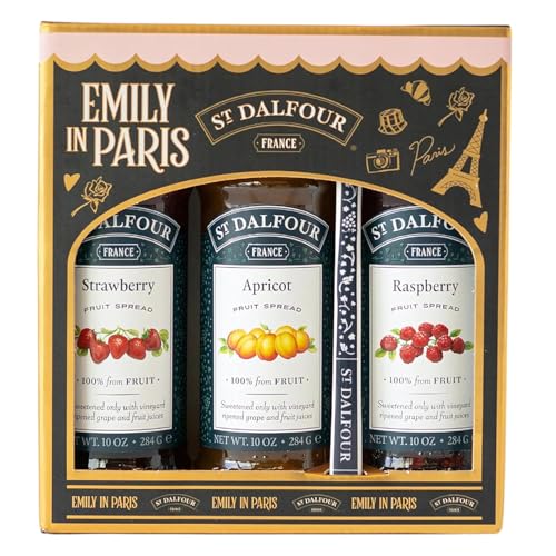 St. Dalfour Pack Regalo de Mermeladas – Edición Emily in Paris – 100% fruta, sin azúcar añadido, sin gluten – 3x284g (Fresa/Albaricoque/Frambuesa)