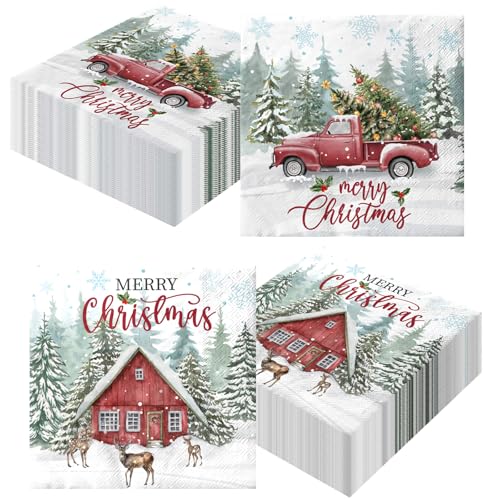40Pcs Christmas Napkins - Christmas Party Supplies Winter Snowflake Paper Napkins Red Christmas Truck Xmas Tree Theme Decoration for Xmas Winter Holiday Party Supplies
