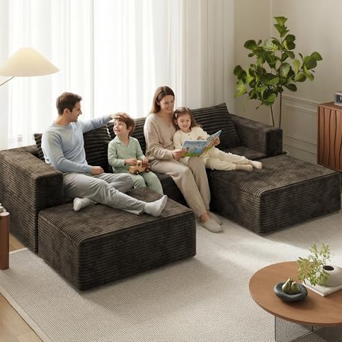 Image of 110 inch Modern Fabric Boneless Couch with Deep Seat, Sectional Couches for Living Room, Upholstered Cloud Sofa with 2 Ottoman, No Assembly Required (U Shaped Sofa)