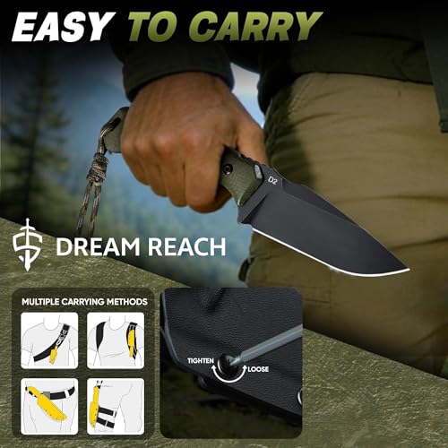Image of Dream Reach Fixed Blade Knife - D2 Steel Tactical Knife with Ergonomic Full Tang Handle and Adjustable Sheath for Outdoor Camping Survival Gift for Men Women Green