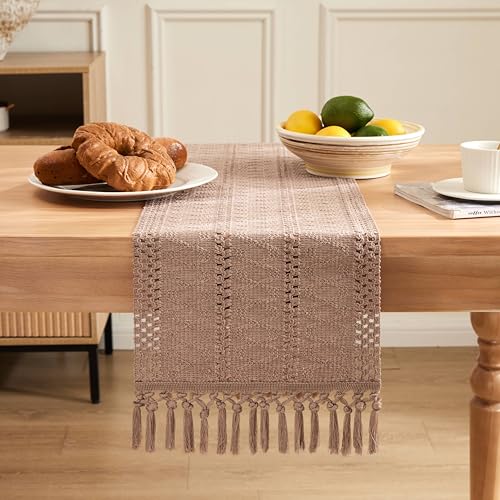 Image of ZeeMart Macrame Style Boho Table Runner, Taupe Table Runners 60 Inches Long, Farmhouse Woven Home Decor, 12x60 Inch, Taupe