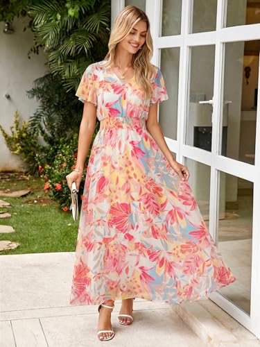 Image of Simplee Womens Floral Maxi Dress - Short Sleeve Summer Boho Wedding Guest Dress Empire Waist Chiffon Modest Midi Dresses