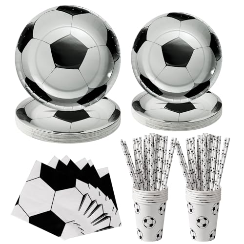 PYAILI Futebol Party Tableware Set, decoração de festa de aniversário de futebol 20 convidados, futebol preto e branco pratos de papel copos guardanapos decoração para festa de aniversário