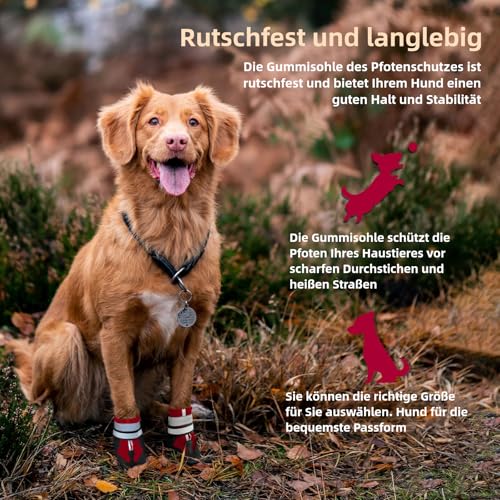 Muecleao Hundeschuhe Pfotenschutz, 4 Stück Wasserdicht Anti-Rutsch Hundestiefel mit Rutschfester Sohle und reflektierendem Klettverschluss, Schuhe für kleine, Mittlere und Große Hunde (Rot, XL)