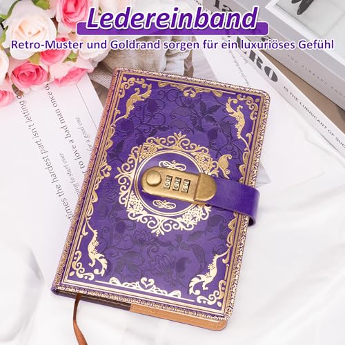 YUNAI Tagebuch mit Schloss, 200 Seiten Geheimes Tagebuch Mädchen Junge mit Code, Vintage Lock A5 PU Leder Journal, Geprägte Blume, Liniertes Papier für Büro Schule Studenten, Lila
