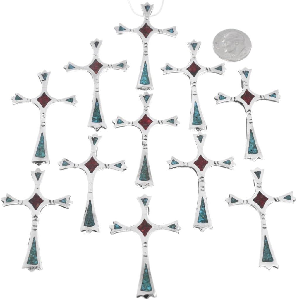 Alltribes Small Navajo Turquoise Coral Sterling Cross Pendant Inlaid Pattern With Silver Chain 0024