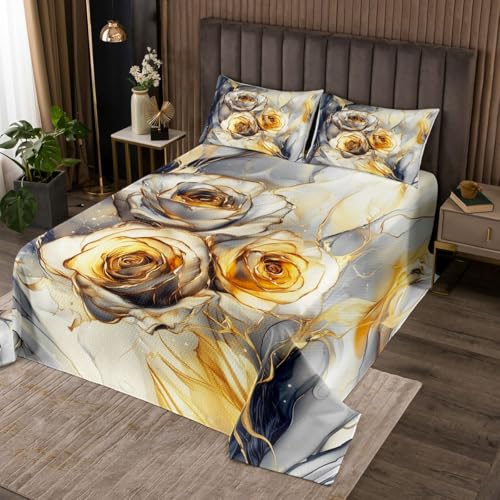 Manfei Juego de edredón de rosa dorada para niños y niñas, colcha de mármol gris, funda de cama abstracta moderna de mármol, juego de ropa de cama gris dorado, colcha acolchada decorativa, tamaño