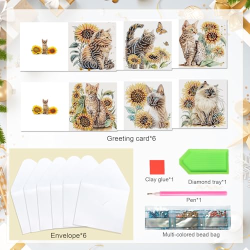 Image of AiYuanzsh 6-Pack 5D Diamond Painting Greeting Cards with Envelopes, Cat Sunflower Pattern DIY Crystal Rhinestone Diamond Art Cards, Laser Effect Postcards for Birthday, Thank You, and Gift Giving