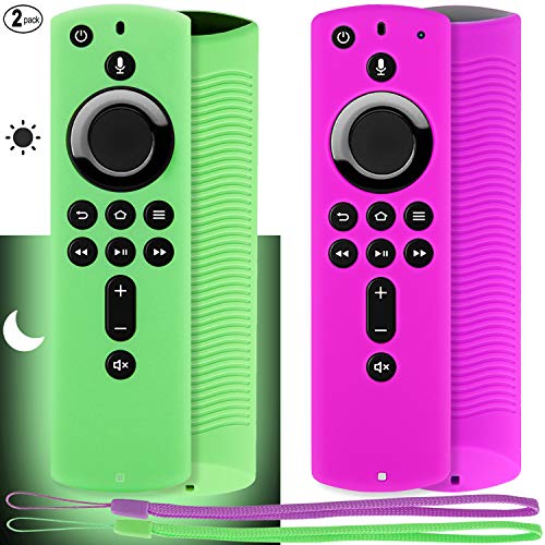 Pinowu Remote Protective Cover (2Pack) Compatible with Fire TV Stick 4K (2018) 5.6” Alexa Voice Remote (2nd Gen), Anti-Slip Shockproof Silicone Cover (Green Glow& Purple Not Glow)