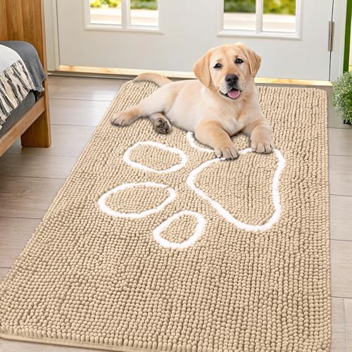 Image of Smiry Dog Door Mat for Muddy Paws, Absorbent Dirt Trapper Non Slip Quick Dry Washable Chenille Mat for Mud Dogs, Entry Rug for Indoor and Outdoor (47x32 Inches, Beige and White)