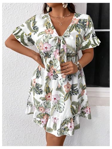 Image of SOLY HUX Women's Plus Size Boho Floral Print Short Sleeve Dress Ruffle Hem V Neck Short Dresses