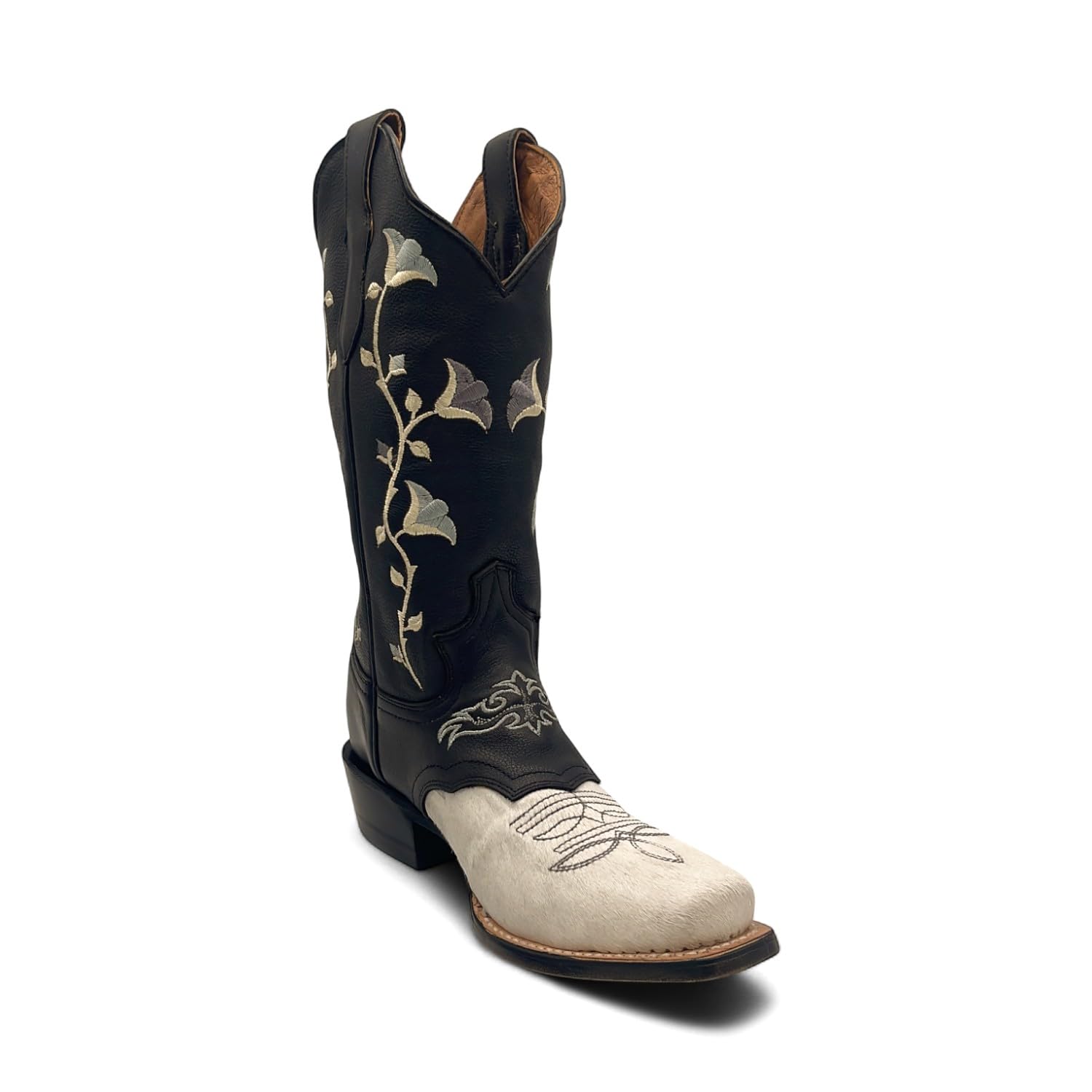 The Western Shops Womens Embroidered Square Toe Calf Hair Boots Mid Calf Low Heel