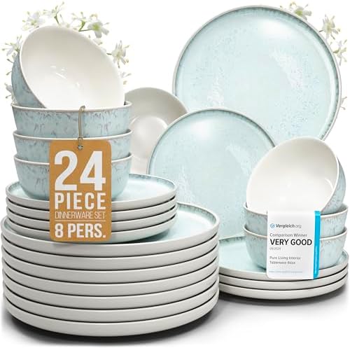 24 Piece Dinnerware Sets for 8 - Modern Style Stoneware Dinnerware Set - Microwave Safe Dinner Plates and Bowls Sets for 8, Ceramic Dish Set, Bowl and Plate Sets for 8, Beige Light Blue Set for 8…