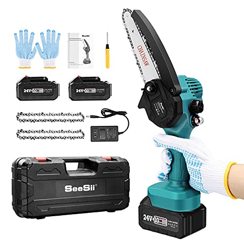 6-inch Mini ChainSaw, SeeSii Cordless Chainsaw with 2x 4.0Ah Optimized Battery Auto-oil System One-Handed Electric Chain Saw Electric Pruning Chainsaw for Wood Cutting Garden Logging Trimming Branch