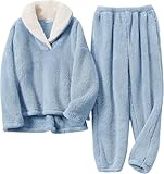Famulily Women Fluffy Pajamas Sets Long Sleeve Pullover Tops and Thermal Bottoms Warm Solid Homewear Pjs Blue L