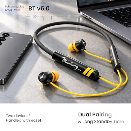 GOBOULT Mustang TuneX Bluetooth Earphone with 40H Playtime, Dual Pairing Neckband, Zen™ ENC Mic, Type-C Fast Charging, 10mm Bass Driver, Bluetooth v6.0, IPX5 Silicone (Yellow) - Image 8
