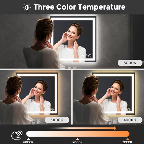 Image of Koonmi 36x36 LED Bathroom Mirror, Backlit + Front Lit, LED Bathroom Mirror with Lights for Wall, 3 Colors, Anti-Fog, Dimmable Brightness, Memory Function, Tempered Glass
