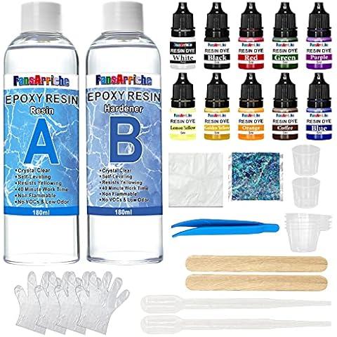 Epoxy Resin Kit for Beginners 360 ml/385 g, Crystal Clear Resin Casting Kit with Epoxy Resin Dye, Glitter, Wooden Sticks, Gloves, Measuring Cup, for Resin Art, Jewellery Making Cover