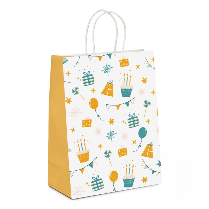 PaperPep White Orange Birthday Doodle Print 18X10X23CM 100GSM Gift Paper Bags Pack of 10