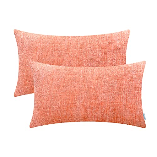 Image of CaliTime Pack of 2 Cozy Bolster Pillow Covers Cases for Couch Sofa Home Decoration Solid Dyed Soft Chenille 12 X 20 Inches Cantaloupe