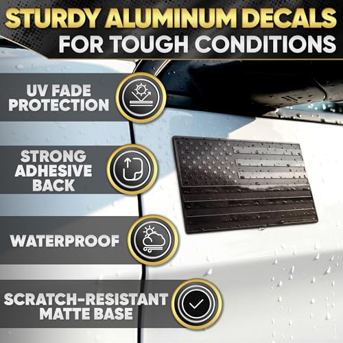 Image of 3D Embossed Aluminum Black American Flag Decal for Car - 1 Pair 5 inchx3 inch | Brushed Metal Stripes, Matte Black | UV-Proof, Rust-Free US Flag Stickers | Patriotic Decals for Truck, SUV, Motorcycle, Laptop