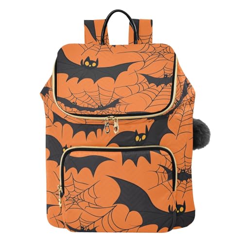 KLL Halloween Spider Web Bat Orange Backpack for Women Fashion Casual College Bookbag Daypack for Shopping Sports Travel