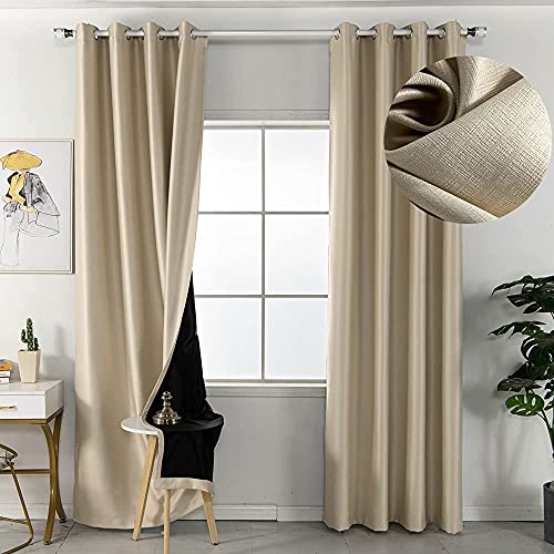 1 paire de rideaux 100 % occultants pour chambre à coucher, salon, isolation thermique épaisse, draperies de fenêtre avec doublure noire (beige, 5 x 117 x 213 cm) Cover