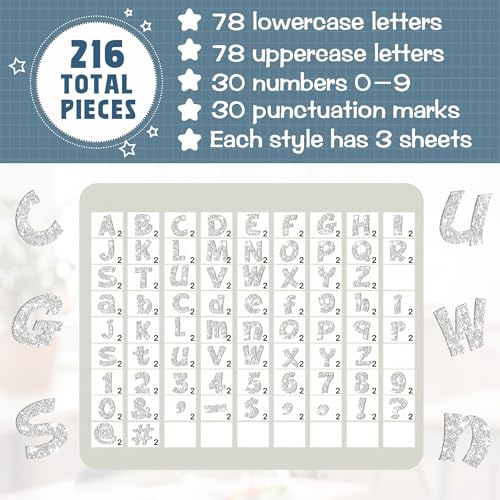 Image of Colarr 216 Pcs 7 Inch Glitter Bulletin Board Letters Large for Classroom Alphabet Punctuation Symbol Cutout Die-Cut Poster Letter with Adhesive Dot School Party Holiday Decor Display(Silver)