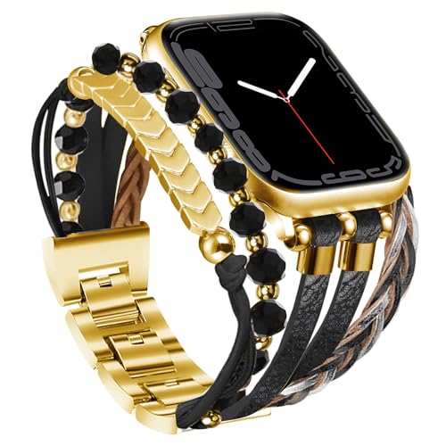 beu1st Leather Bracelet Compatible with Apple Watch Band 38mm 40mm 41mm Women, Boho iWatch Bands Dressy Jewelry Multilayer Wrap Straps for iWatch Series 9/8/7/6/5/4/3/2/1/SE