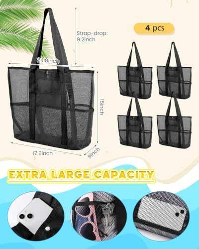 Sweetude 4 Pcs Mesh Beach Bag with Pockets Lightweight Travel Pool Bag Swim Beach Tote for Women Towel Vacation Essentials2