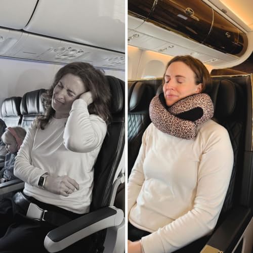 Image of FlyHugz Neck Travel Pillow Memory Foam Neck Pillow for Comfort on Airplane Compact and Ergonomic Design for Travel, Car Rides, and Home Use Ideal for Adults and Kids. (Leopard Print)