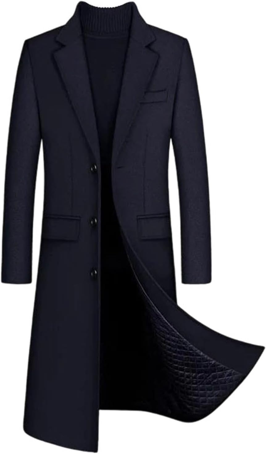 Men’s Winter Wool Jacket Casual Thick Cotton Padded Overcoat Business Formal Long Outerwear Wool Coat