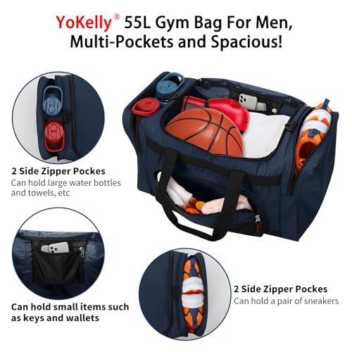 Image of Gym Bag 22 inch Sport Duffle Bag for Men, Navy Blue | 55L, Large Capacity, Multi Pockets, Weekender, Travel, 22 inchx12 inchx13 inch